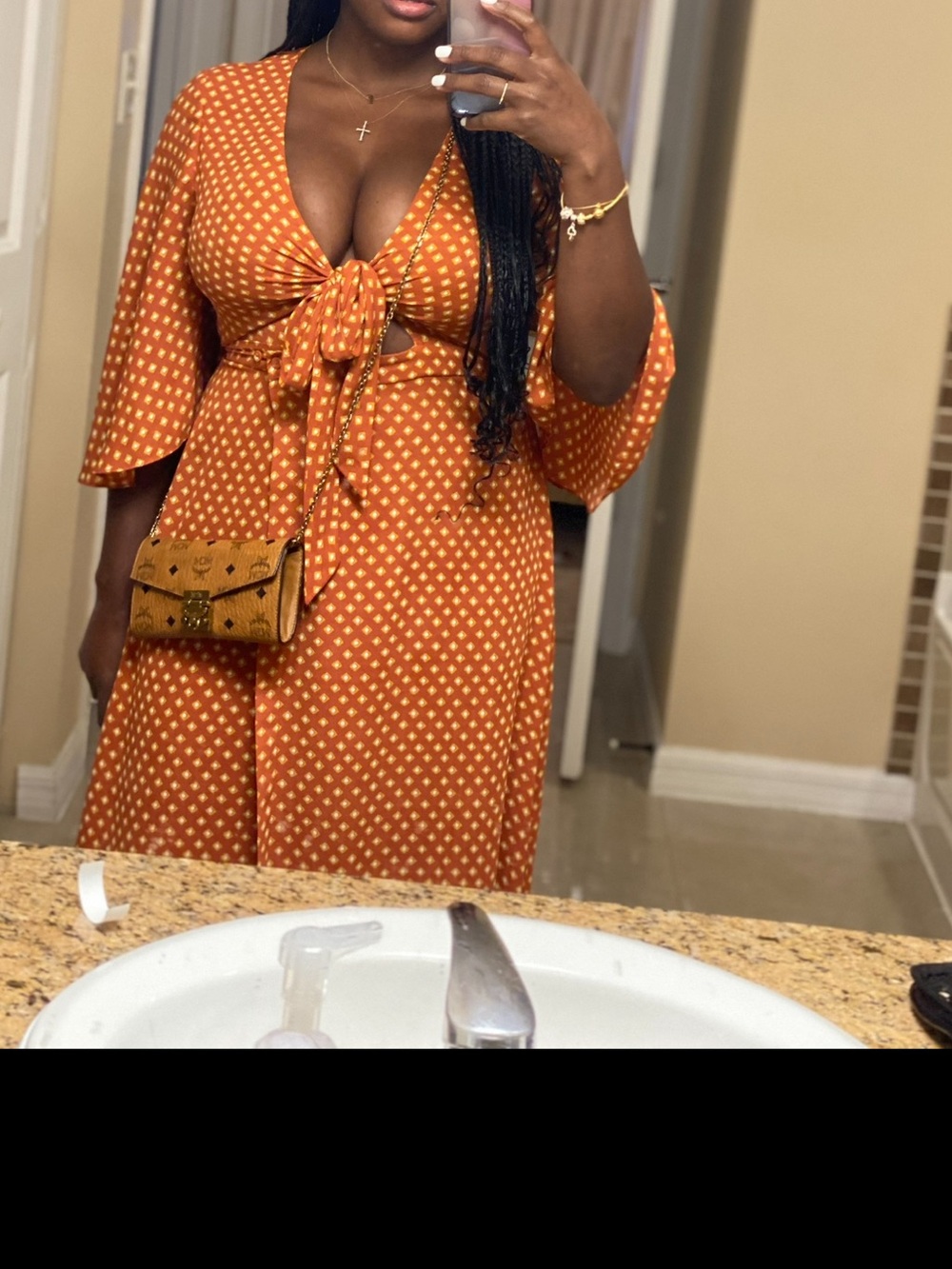 BCBGMaxAzria Orange Tie-Front Maxi Dress with Yellow Diamond Print